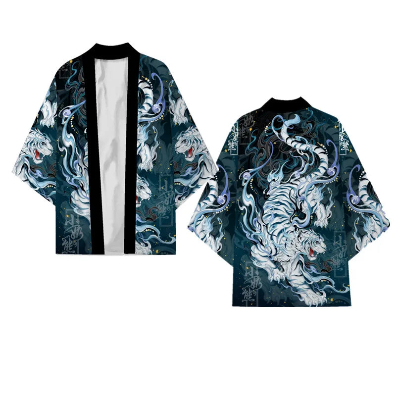 Men's Dragon Print Kimono Cardigan — Oversized Haori Yukata Shirt