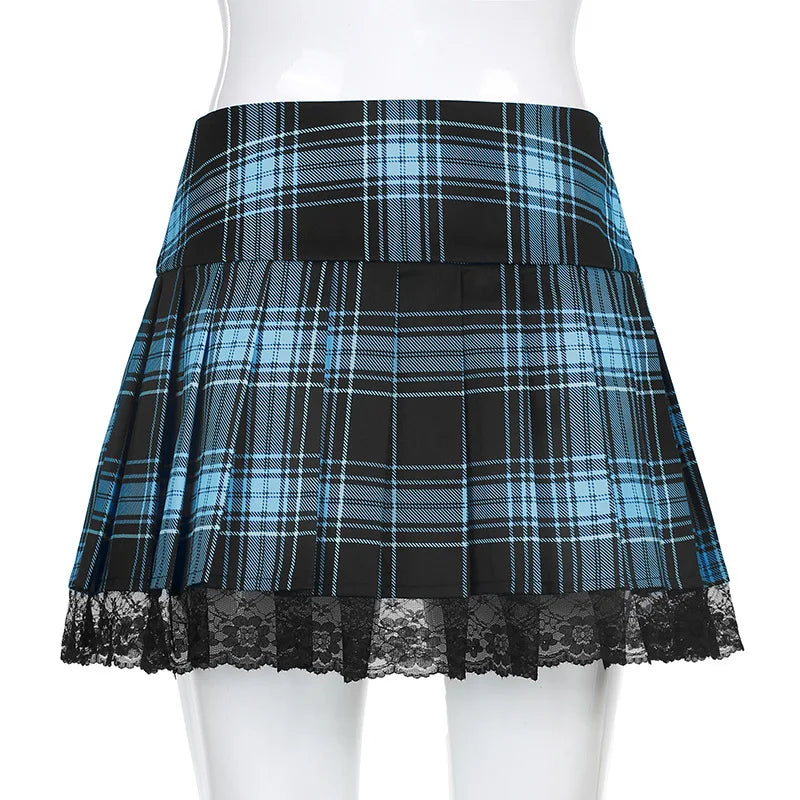 Pink Plaid Y2K Pleated Mini Skirt with Lace Trim