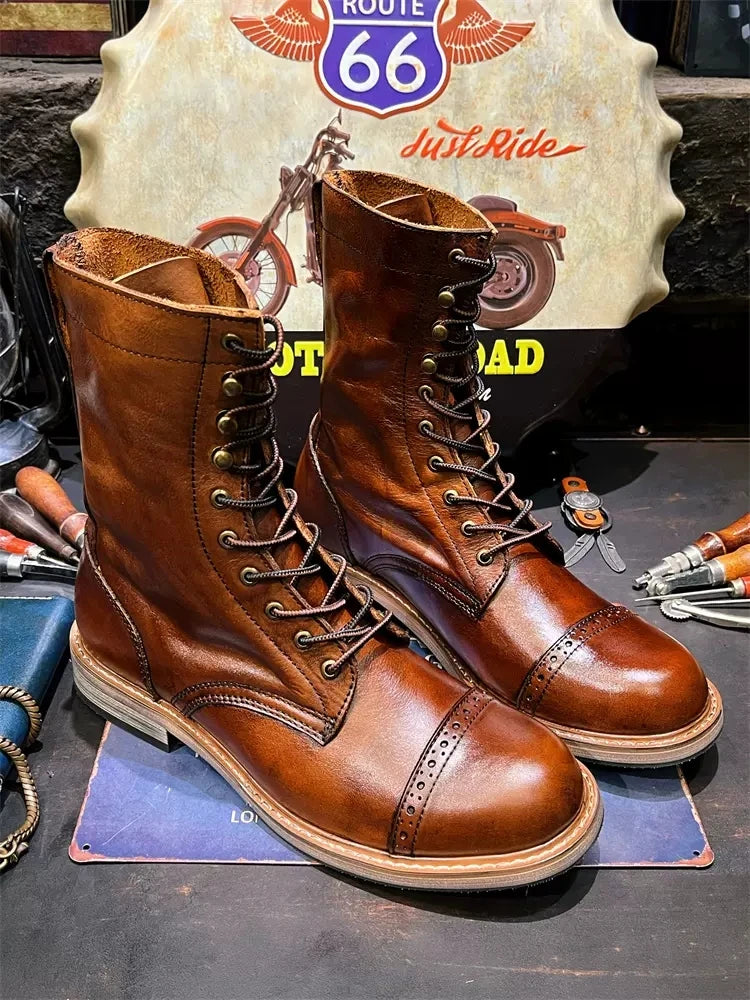 KOWM cow leather Hiking shoes Brown trekkin boots men  low cut workwear big toe shoes trendy casual ankle shoes walking sneakers