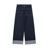 HH Women Fashion Denim Set Casual Lapel Long Sleeve Crop Jacket Buttons Female Vintage Wide Leg Loose Jeans Long Pants