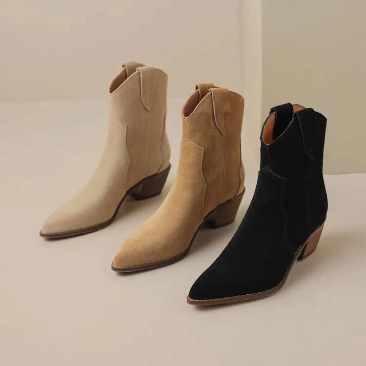 2026 Autumn Cow Suede Women Boots Pointed Toe Chunky Heel Boots for Women Fashion Short Boots Winter Boots Women Western Boots