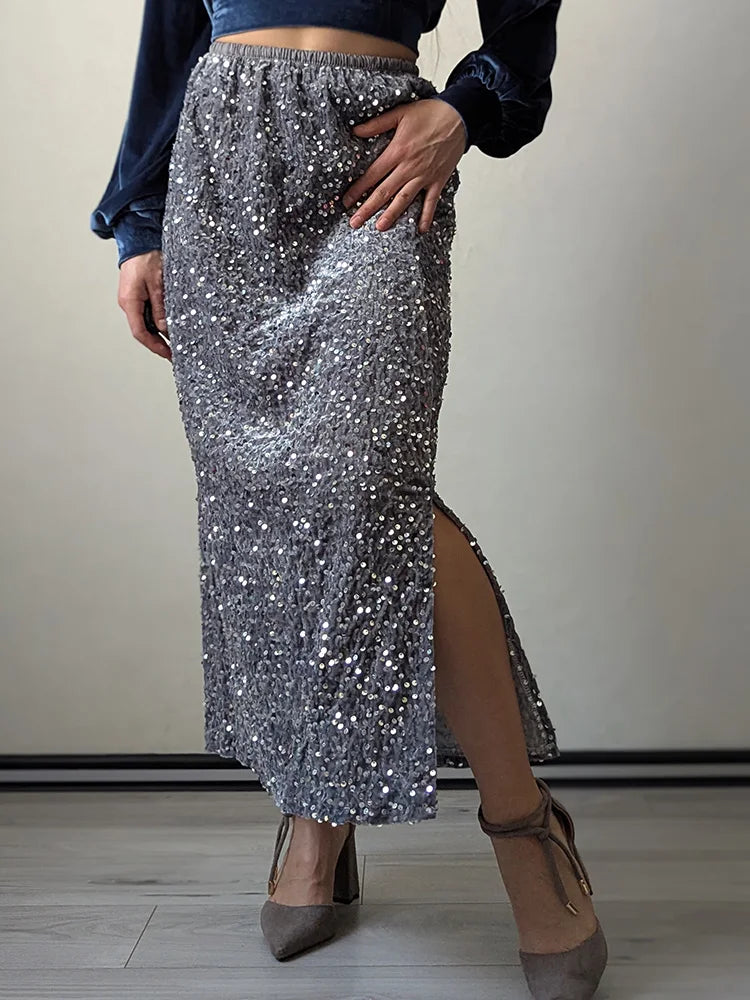 High Waisted Sequin Maxi Skirt Women Elegant Shiny Straight Skirts With Slit Summer Spring Black Long Sequin Skirt For Women
