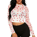 Heart Print Mesh Long Sleeve Crop Top