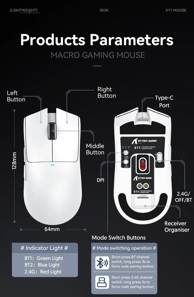 Attack Shark X11 PAW3311 Wireless Bluetooth Mouse, 2.4G 400IPS RGB PC Gaming Mouse