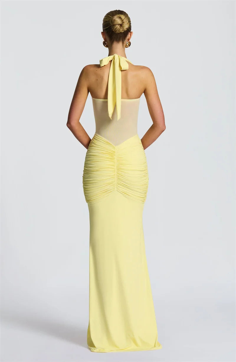 Women’s Halter Backless Maxi Dress – Off-Shoulder Ruched Bodycon Club Party Gown