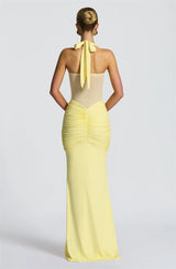 Women’s Halter Backless Maxi Dress – Off-Shoulder Ruched Bodycon Club Party Gown