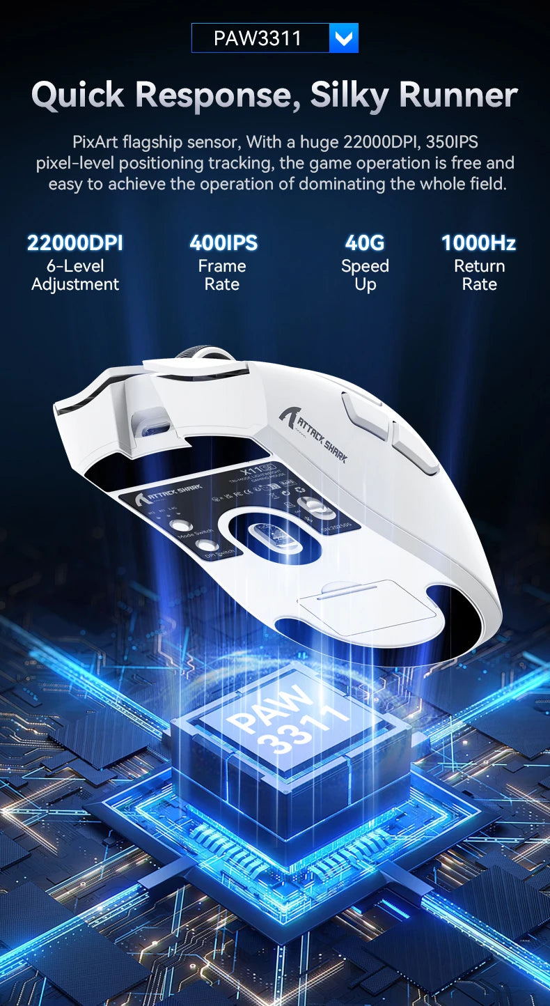 X11 ATTACK SHARK X11SE Bluetooth Gaming Mouse PAW3311 Sensor 22000DPI Macro Drivers and 1000 Hz Polling Rate for Wireless Mouse