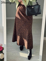 Leopard Print Suede Maxi Skirt – Women's Autumn Winter
