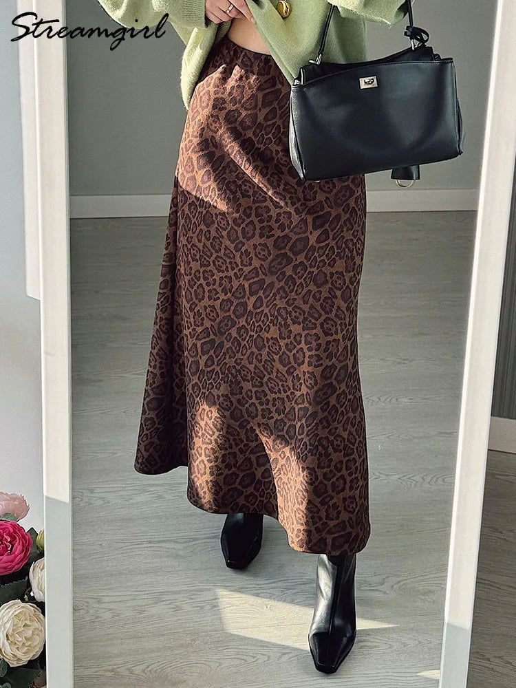 Leopard Print Suede Maxi Skirt – Women's Autumn Winter