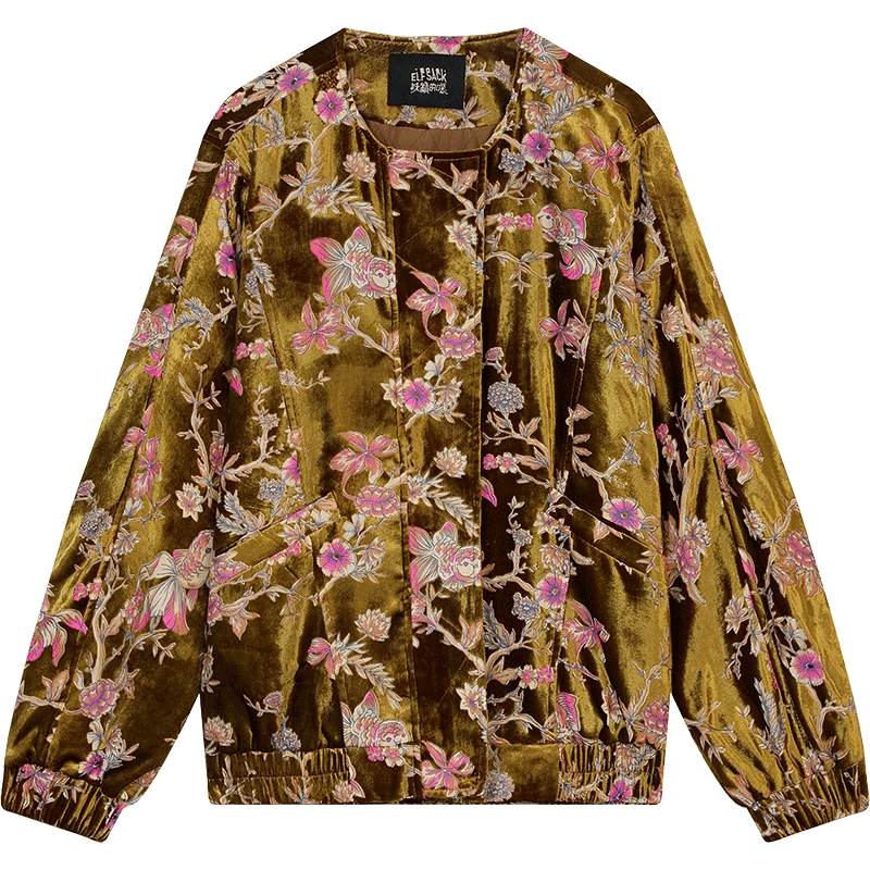 ELFSACK 2025 Gold Velvet Jacket Women's Winter Short Coat, Embroidered Goldfish Chinese Style Vintage Loose Padded Jacket