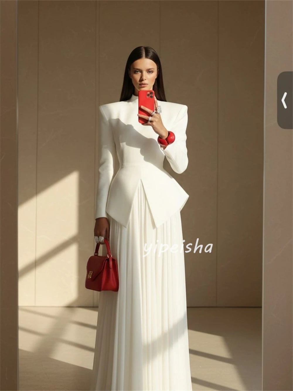 Elegant Jersey Ruched A-Line Gown | High Collar & Long Sleeves