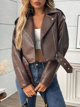 Ailegogo Spring Autumn Women Faux Pu Leather Short Jacket with Belt Motorcycle Biker Female Zipper Lapel Loose Coat Outwear