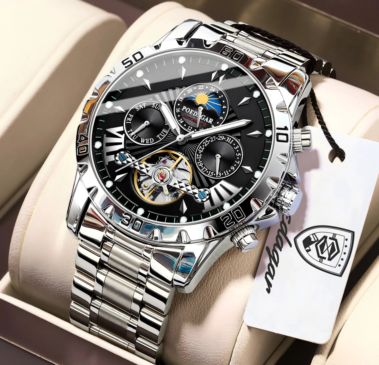 POEDAGAR Luxury Automatic Male Watch Date Week Luminous Waterproof Tourbillon Men Watch Leather Fashion Mechanical Men's Watches