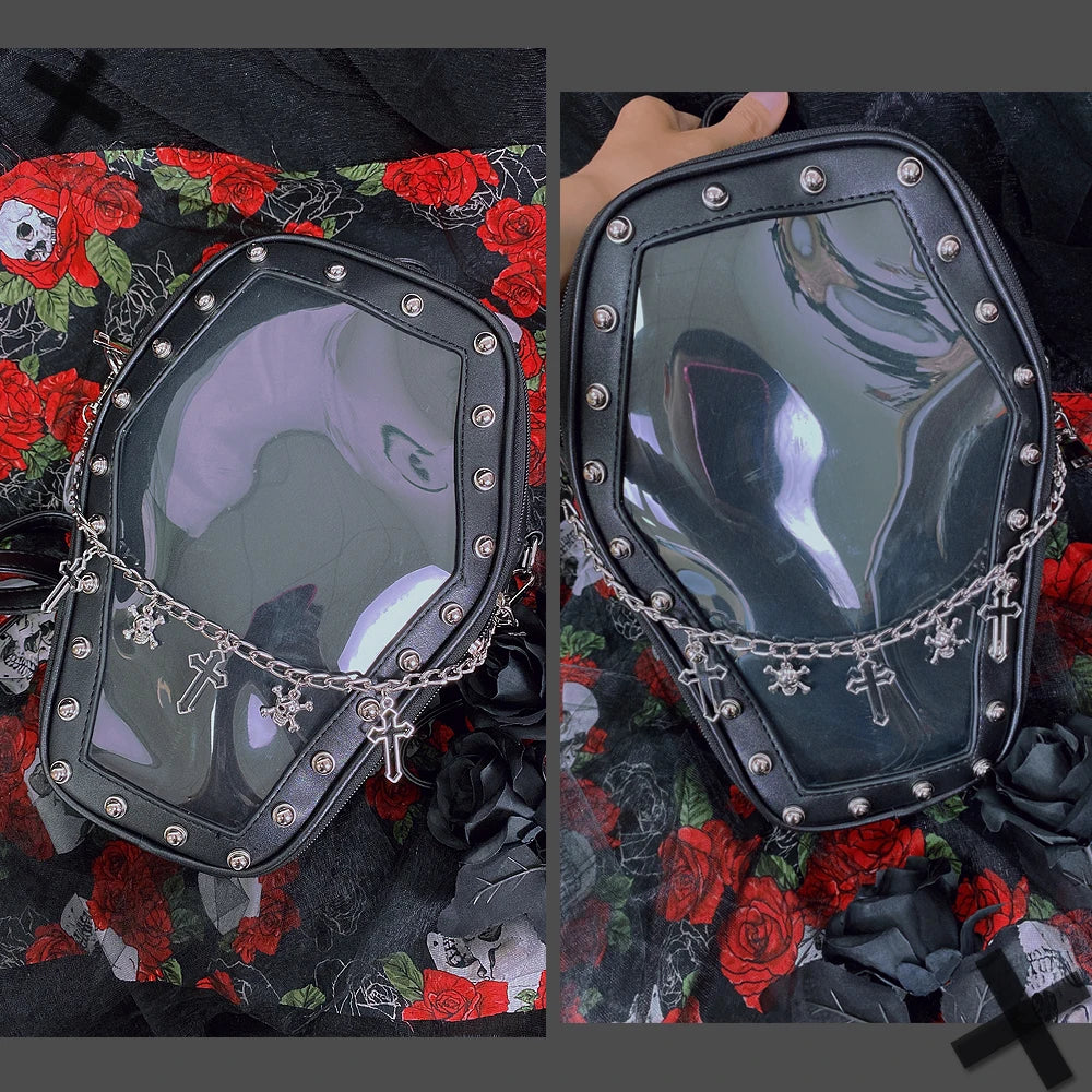 Gothic Punk Coffin Shape Ita Bag Women Clear Backpacks Dark Lolita Handbag and Shoulder Bag Girls Cosplay Designer 2 Insert