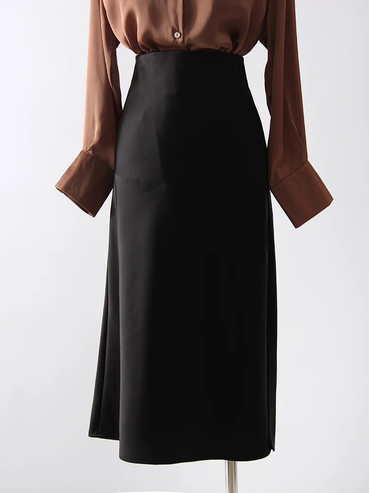 Women's Satin Midi Skirt – Elegant A-Line with Slit