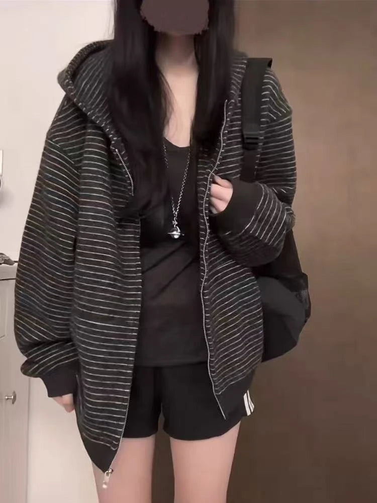 2000S American Vintage Striped Loose Long Sleeve Hooded Sweatshirt Y2k Subculture Casual Zip Up Hooded Cardigan Harajuku Coats
