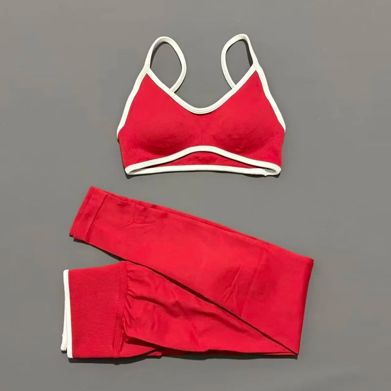 2Pcs HISTELLO Women's Seamless Yoga Fitness Set Ignite Sculpt Scrunch Leggings Strappy Halter Bra Gym Sports Fitness Outfit