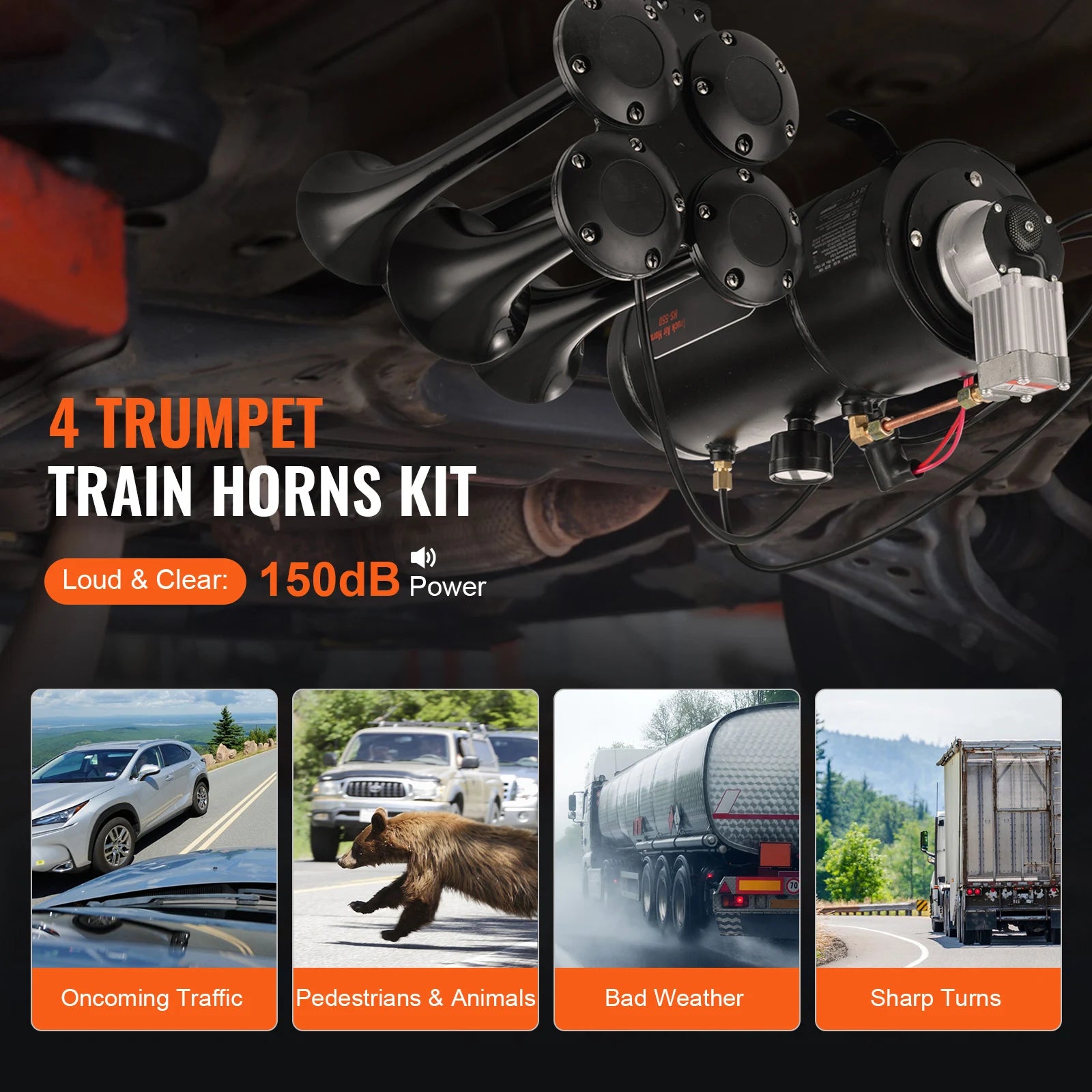 SucceBuy Train Horns Kit, 4 Trumpet Air Horn Kit, 150dB Train Horns for Pickup Trucks 12V 120 psi Air Compressor for Truck Train