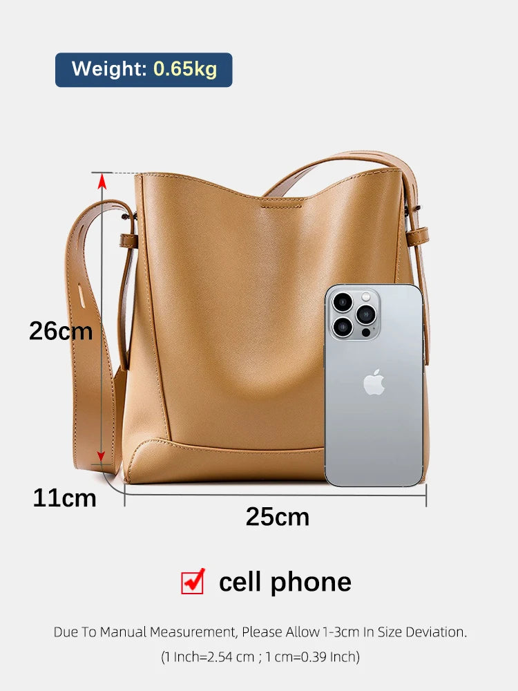 Zency New 2026 TrendyTwo Layer Cow Leather Shopper Shoulder Bag Commuter Large Bucket Handbag Simple High Quality Women Tote Bag