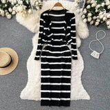 Korean Sweet Hit Color Patchwork Striped Spaghetti Strap Dress and V Neck Long Sleeve Cardigans 2 Pieces Sets