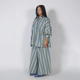 Fashion Stripe Long Pants Set Women Chic Lapel Single Breasted Shirt High Waist Wide Leg Trousers 2026 Spring New 2 Pcs Outfits