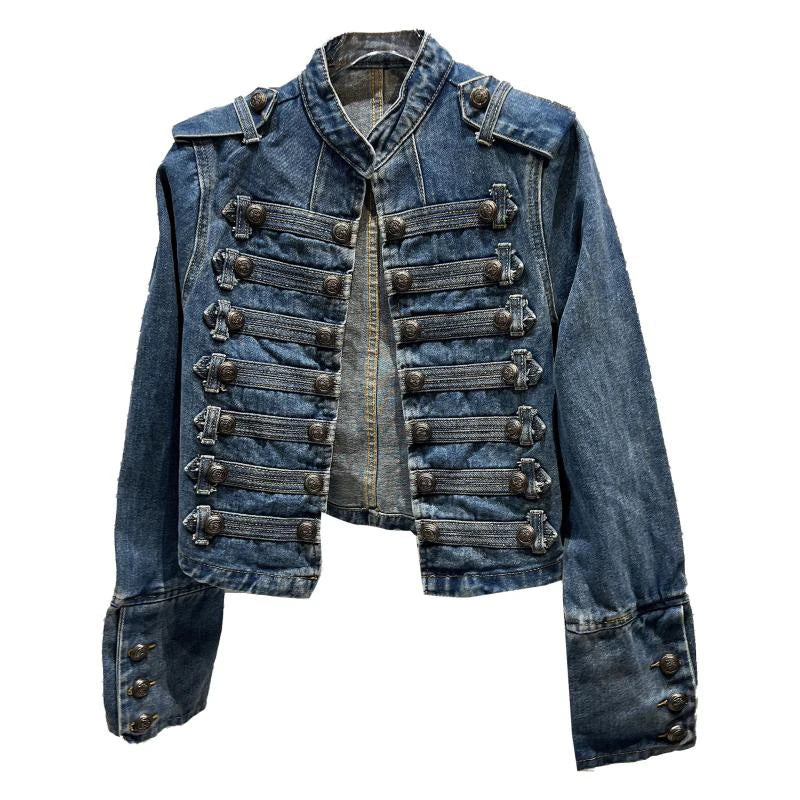 DEAT 2025 Autumn New Fashion Metal Buckle Design Shoulder Strap Denim Short Jacket For Women High Street Coat Female 11A06995