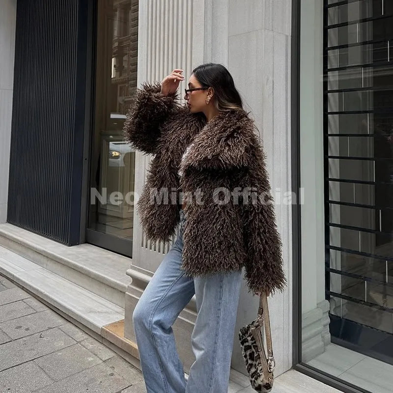 Lulicore Women’s Chic Brown Faux Fur Jacket – Premium Warm Autumn/Winter Overcoat