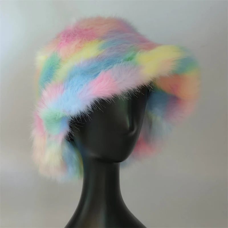 1pcs Winter Faux Fur Bucket Hat Warm Fluffy Plush colorful soft Winter hat Personality fur Fisherman Hats for women Plush hat겨
