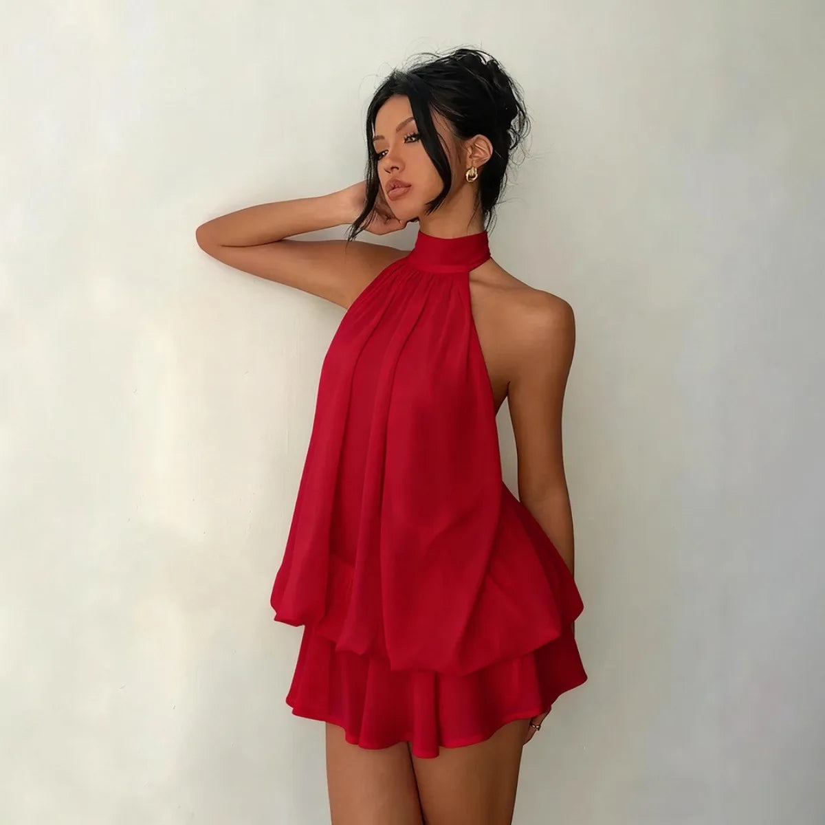 Women's Halter Neck Backless Tie-Front Mini Dress