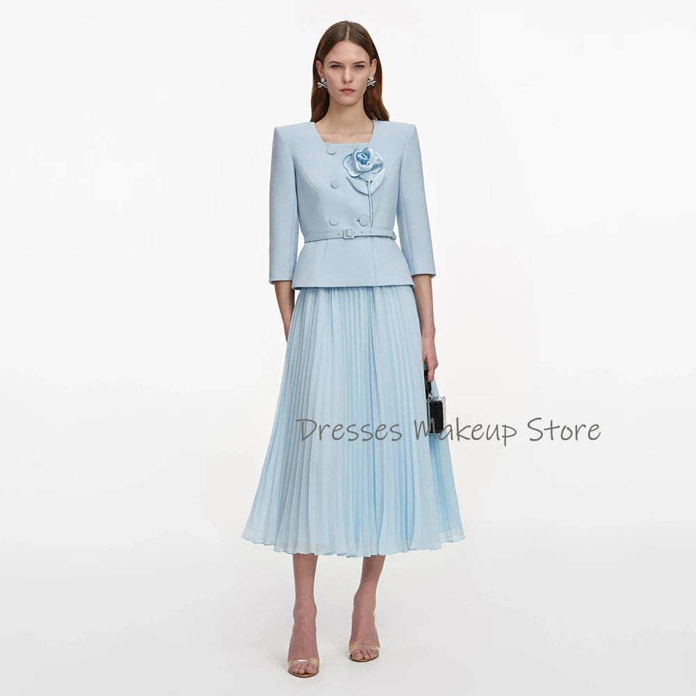 Customized 2 Pieces Cocktail Dress Light Sky Blue 3/4 Sleeves Modern Cocktail Gowns for Women 2026 Tea Length Formal Party Dress
