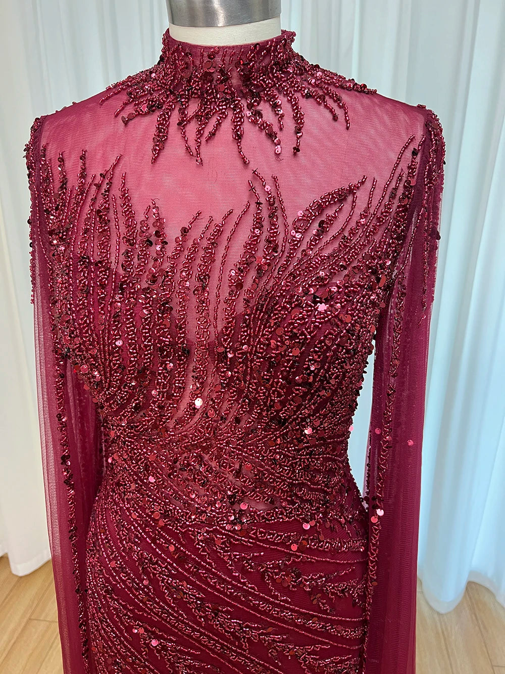 Luxury Beaded Mermaid Evening Gown | Cape Sleeve