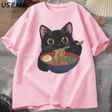Ramen Cat Tshirt Japanese Style Cat Lover T-Shirt Kawaii Cartoon Cotton Short Sleeve T Shirts Mens Clothes Tee Shirt Tops