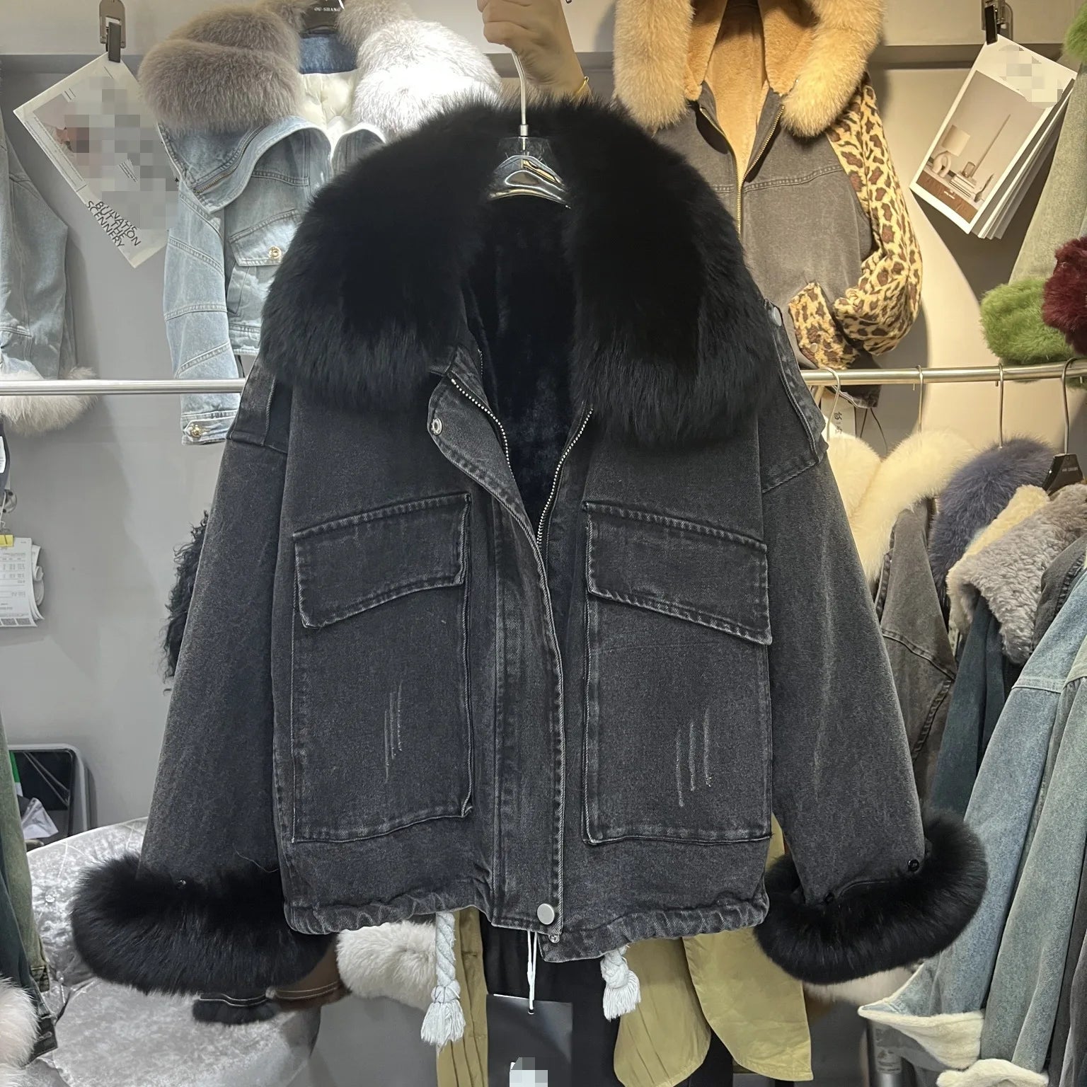 Women's Fox Fur Denim Winter Jacket – 2025 USA Streetwear Edition