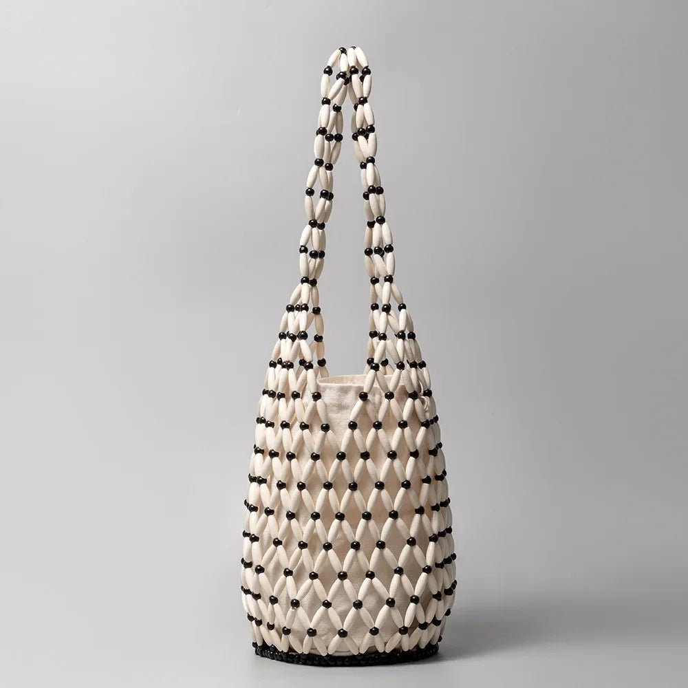 Women Woven Hand Bag Summer Design Hollow-out Wooden Bead Tote Bucket Shoulder Bag Female Reticulate Netted Canvas Beach Handbag