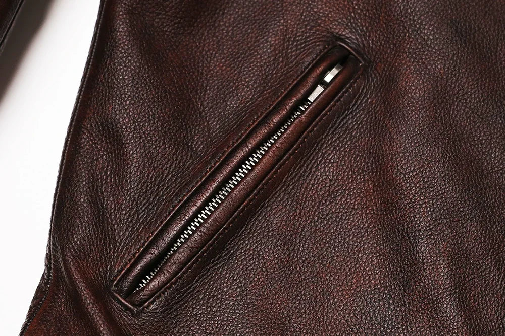 2025 Vintage Brown Genuine Leather Jacket Real Natural Cowhide Men Motorcycle Biker Coat Mens Slim Calf Skin Coat