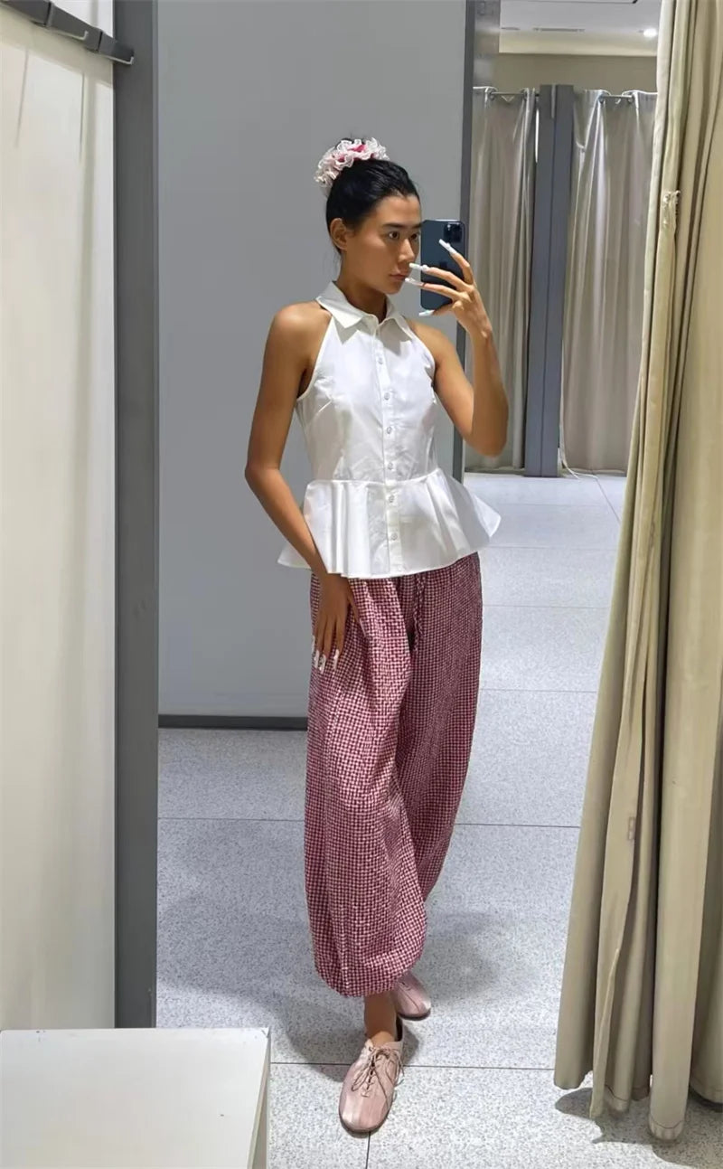 Women's Plaid Drawstring Lantern Pants