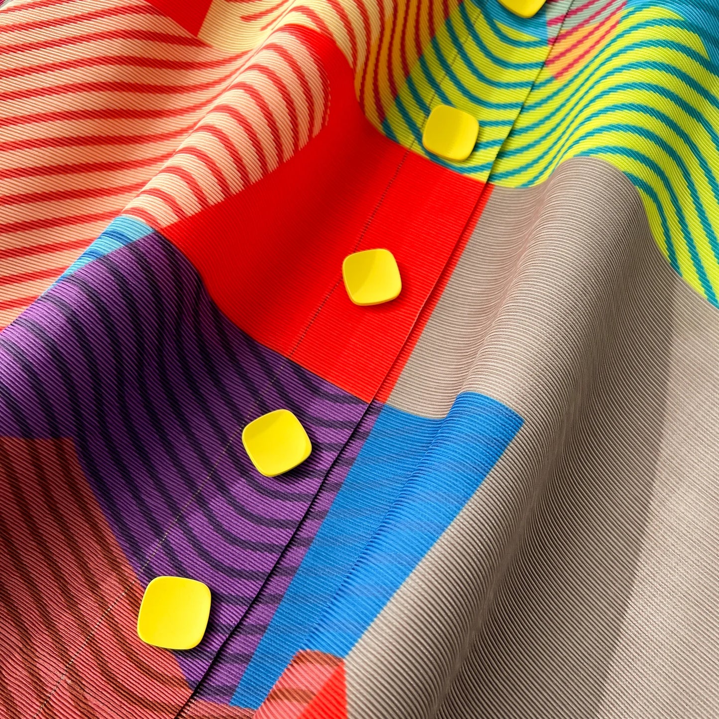 Miyake Pleated Drape Dress – Colorblock Print, 3/4 Sleeve