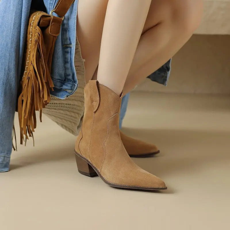MORAZORA Size 34-44 Cow Suede Leather Western Boots Women Autumn Winter Cowboy Boots Handmade Ankle Boots For Women Shoes