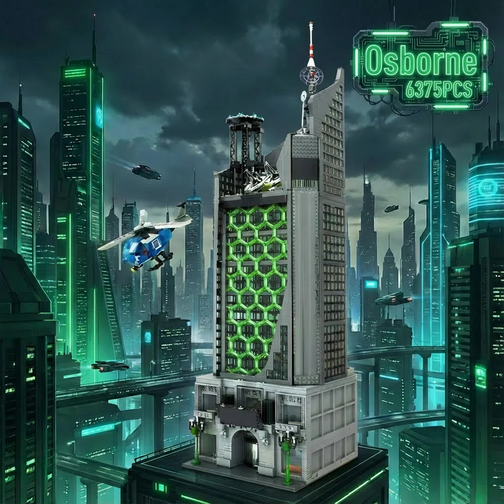 6375PCS Spider Oscorp Hero Tower With Light Building Blocks Movie City Classic Architecture Modular Assembly Model Kit DIY Toy G
