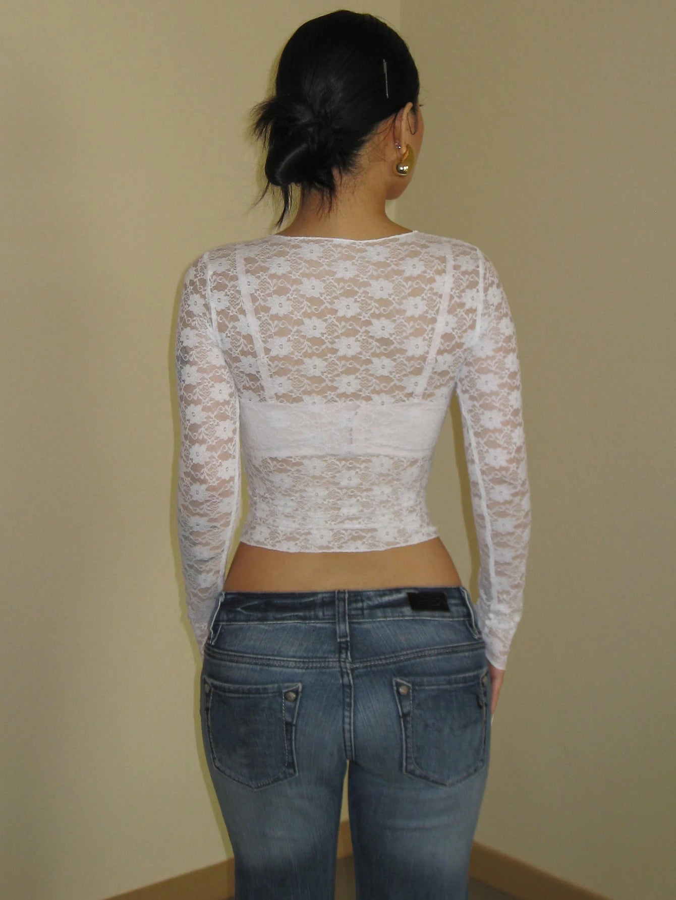 Mesh Lace Long Sleeve Crop Top
