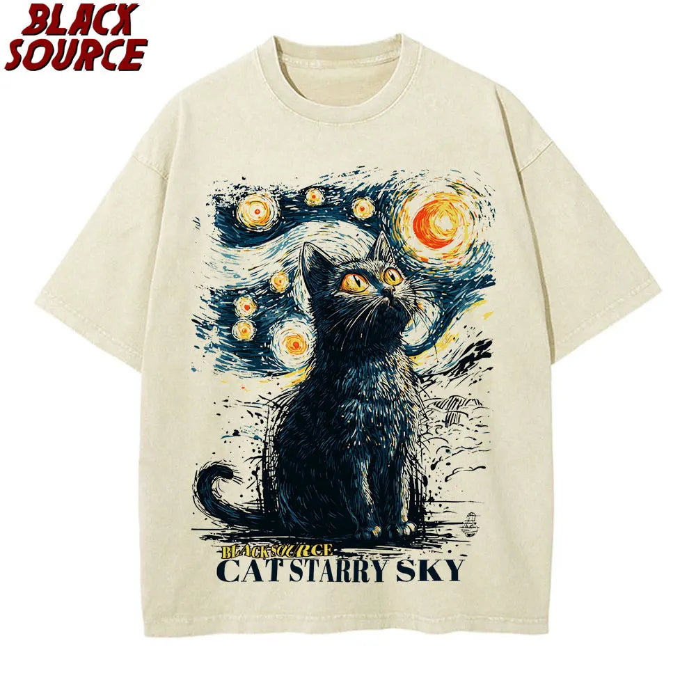 Black Cat Starry Sky Night Vintage Graphic Tee