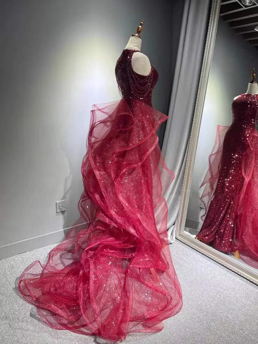 Elegant Sparkling Halter Evening Gown with Beading & Sweep Train
