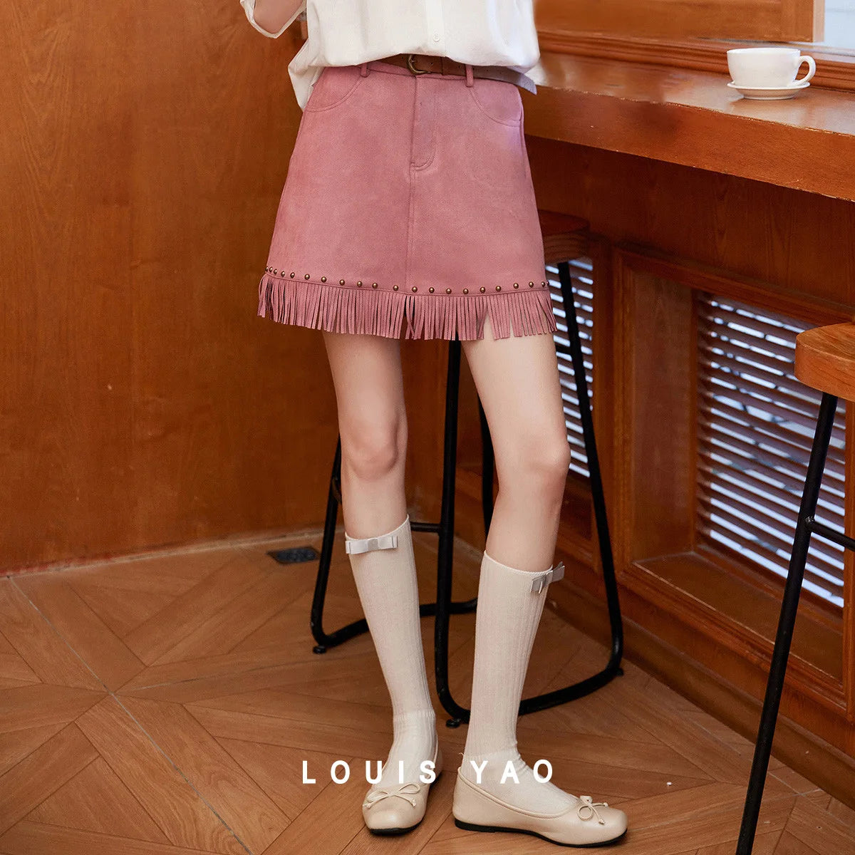 LOUIS YAO Tassels Rivet A-line Half Skirt 2025 Autumn Short Skirts Fashionable and Gentle Casual  Women's Half Skirt