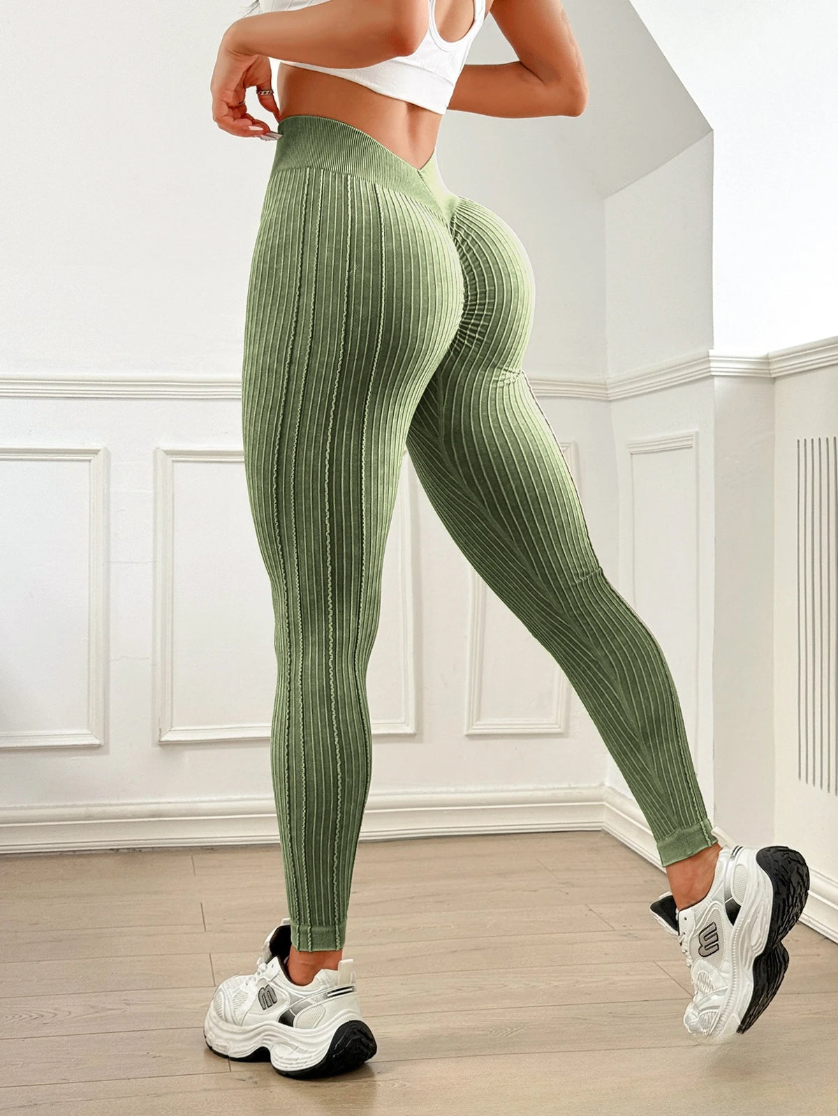 Women's Sand Wash Ribbed V-Back High Waist Yoga Leggings