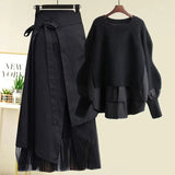 Women's Spring Autumn New Fashion Fake Two Piece Knit Sweater+Strap A-line Skirt Suit Korean Elegant Pullover Dress Matching Set