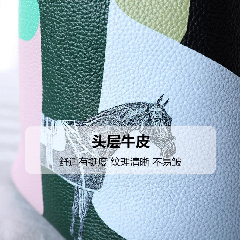 Purses and Handbags Bags for Women Painting Vegetable Basket Handbag Adjustable Shoulder Strap Genuine Leather Bucket Bag