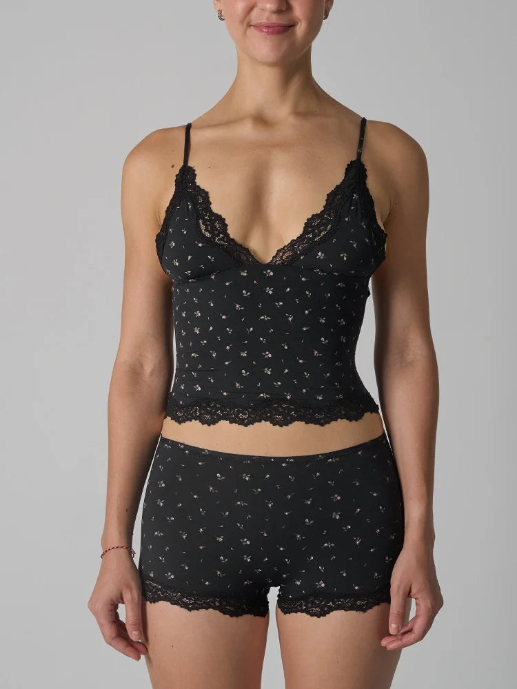 Europe American Simple Pink Light Thin Lace Strap Tank Top Flat Corner Lace Underwear for Women Comfortable Stretchy Short Sets