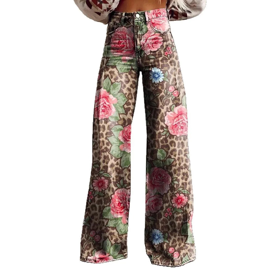 Women’s Retro Denim-Print Flared Trousers | USA Street Style Leg-Lengthening Tall Pants