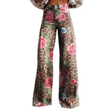 Women’s Retro Denim-Print Flared Trousers | USA Street Style Leg-Lengthening Tall Pants