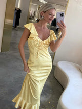 Flutter Sleeves Slim Long Dress Women Casual Pleated Deep V-neck Floral Print High Waist Dresses 2026 Lady Summer Holiday Wear